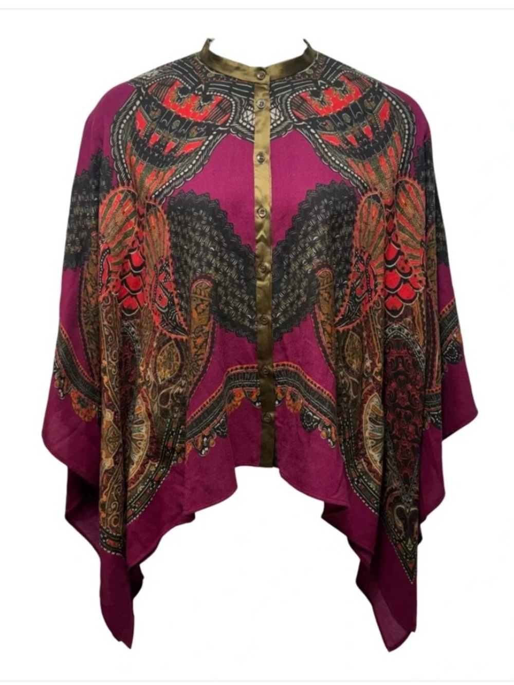 Etro 100% Wool Paisley Poncho Cape Silk Trim Button Front One Size Made in Italy